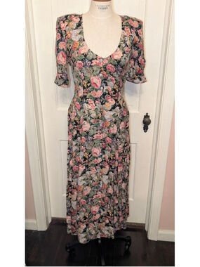 vintage 80's Paris Sport Club Floral Maxi Dress S